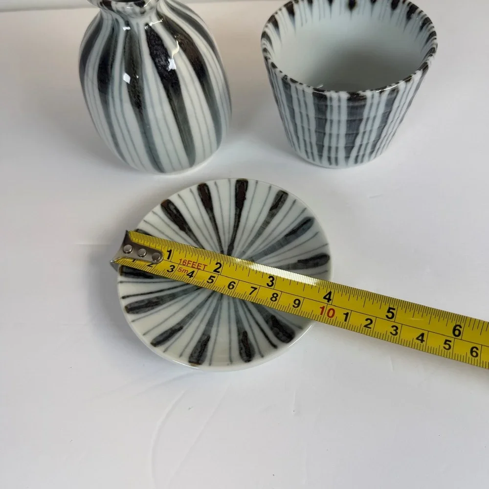 Japanese Sake Set Ceramic Carafe Cup & Saucer Black White Striped B-10